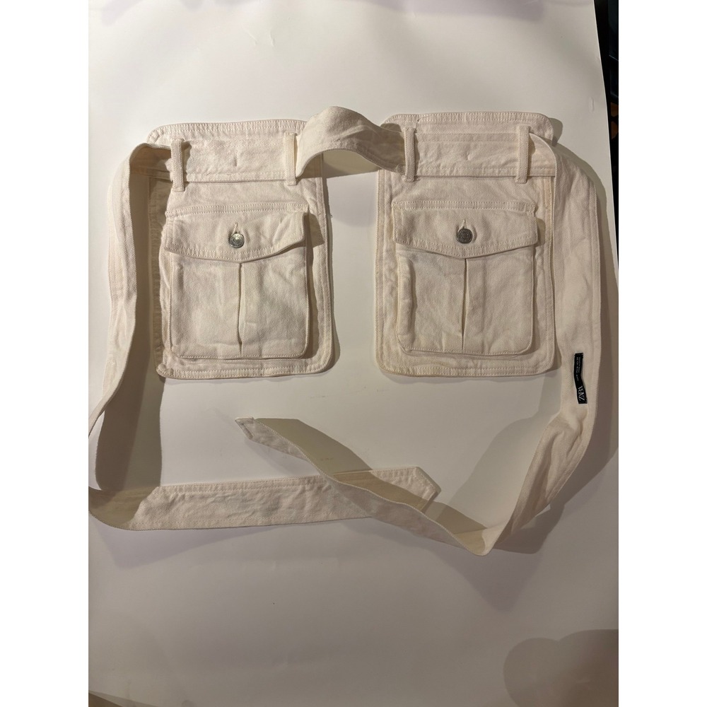 Zara Cream Denim Utility Belt Bag Double Cargo Pocket Waist Bag Fanny Pack M